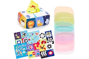 Eucomir Baby Tissue Box Toy,Sensory Toys for Babies 6-12 Months,Tissue Box Toy Soft and Reusable,10 Colorful Spinning Silk Scarves,6 Square Scarves,Preschool Learning Toys for Baby,White Animal