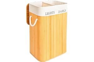 edihome, Kosz na pranie, 2 przegródki, kosz z pokrywką, 72 l, wiadro, kosz Laundry Basket, składany, zdejmowana torba do prania, bambusowy uchwyt do prania (naturalny)