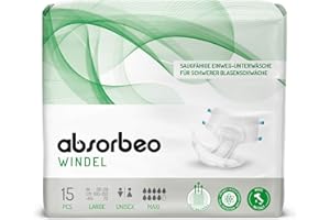 ‎ABSORBEO Absorbeo Windel Maxi 15 Stück, Saugfähiges Hilfsmittel für Schwere Blasenschwäche, Absoluter Komfort, Totaler Schutz, Anti-Odour-System, Vollständig Atmungsaktiv, Unisex, Größe L