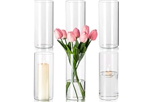 ‎HEWORY Hewory Glasvase Zylinder Vasen Set: 19cm Hohe Vase Glas 6er Glasvasen für Tischdeko Hochzeit - Kerzengläser Windlicht Glas Zylindervasen Set Glaszylinder für Kerzen Hochzeitsdeko Party Home Wedding