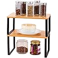 HAITRAL Cupboard Shelf Organiser Set of 2, Kitchen Shelf Organiser, Spice Rack, Wooden and Metal Frame, Expandable and Stackable Storage Shelf for Cupboard Pantry Cabinet Countertop