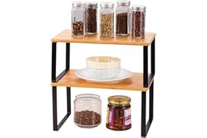 HAITRAL Cupboard Shelf Organiser Set of 2, Kitchen Shelf Organiser, Spice Rack, Wooden and Metal Frame, Expandable and Stackable Storage Shelf for Cupboard Pantry Cabinet Countertop