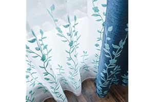 Melodieux Haftowana kwiatowa zasłona do salonu, styl wiejski, kieszeń na karnisz, biała/niebieska, 132 x 224 cm (1 panel)