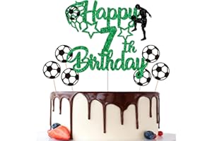 Gidobo 7th Birthday Cake Toppers, Green Glittery Cake Decorations with Football Theme, Seven Years Old Soccer Birthday Party Supplies for Boys