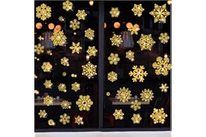 OTMVICOR Vicor Pegatinas de ventana de Navidad, 4 hojas reutilizables, copos de nieve dorados para decoración de ventanas de Navidad