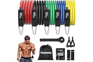Vexloria Élastique Musculation, 5 Niveaux différents Élastique, Bande Elastique Musculation pour Fitness Pilates Yoga, avec Grandes Poignées, Sangles de Cheville, Accessoire d'ancrage de Porte