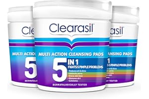 Clearasil 5-In-1 Multi-Action Cleansing Salicylic Acid Pads, Face Exfoliating For Acne Prone Skin, Unblock Pores, Reduces Blackheads, Pimples & Excess Oil, Everyday Spot Prevention, 65 Each x 3
