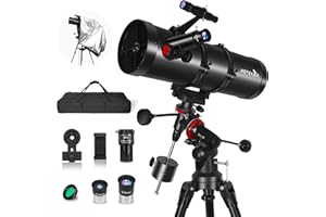 HETEKAN Télescope Réflecteur 150EQ pour Adultes et Débutants, Télescope Astronomique Professionnel avec Monture Équatoriale, Support Téléphone, Trépied en Acier, Capuchon Anti-Poussière et Sac de Transport