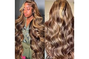 DURGIO 32 Inch Honey Blonde Ombre Highlight 13x4 Lace Front Wigs Human Hair 180% Density Pre Plucked Brazilian Virgin Wigs Body Wave Lace Front Wigs Human Hair #4/27 Colored Wig for Women