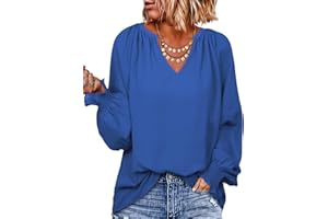 Dokotoo Womens Blouses Smocked Puff Long Sleeve Women's Shirts V Neck Casual Chiffon Ladies Tops S-XXL