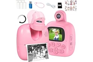 JL Comfurni Kids Camera Instant Print Camera for Kids with Flipped Lens Zero Ink Kids Camera Digital Camera with 6 Rolls Print Paper, Stickers, 32G SD Card for DIY Birthday Gifts Pink