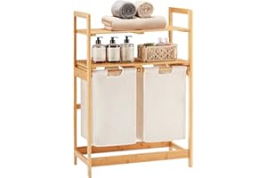 YOUDENOVA Kosz na pranie z bambusowego stelaża, kosz na pranie z 2 półkami z 2 wysuwanymi workami na pranie do sypialni, łazienki lub pralni, 93 x 64 x 33 cm, kość słoniowa