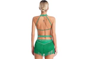 YiZYiF Women's Glittery Rhinestones Latin Jazz Dance Dress Fringe Leotard Backless Rumba Salsa Cha-cha Ballroom Costume