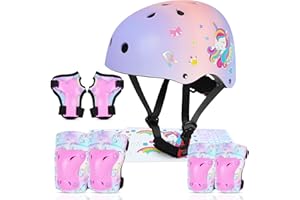 MHJY Kids Helmet and Pads Set with DIY Stickers Girls Bike Helmet Age 3-8 Years Unicorn Knee and Elbow Pads Adjustable Protective Gear for Children Cycle, Skateboard Scooter, Roller Skates