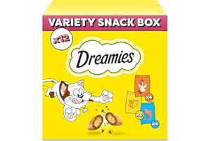 DREAMIES Katzensnacks - 12x60g - mit Huhn, Käse und Lachs - Traumhaft knusprige Katzen Leckerlies mit zarter Füllung - Variety Snack Box