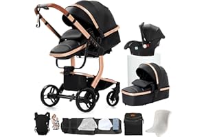 NADDLILY Cuero PU Carrito Bebe 3 en 1, Carrito Bebe con Diseño Portátil Plegable de Un Clic, Carro Bebe 3 Piezas con Empuje Reversible Dos Vías, Cochecito Bebe 3 Piezas con Accesorios (L518 Black)