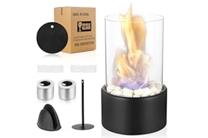 ‎QKFON Tischkamin, QKFON Ethanol Kamin für Indoor Outdoor mit PU Pad, Verstellbare Flamme Brennkammern mit Natursteinen für Balkon Terrasse Wohnung Garten Deko Zubehör