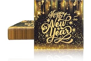 HFMYGS 20 Stück Happy New Year Servietten für Neujahr Party Dekoration, Tischdeko, Silvester Schwarz Gold