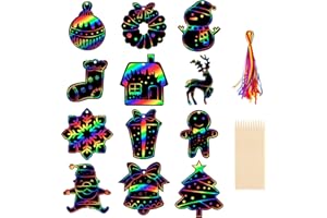 KIIWAH Set Natale Scratch Art Bambini, 36pcs Graffiti Colorati con Corda e Penna di Legno per Decorazioni Albero di Natale, Bambini Regalo