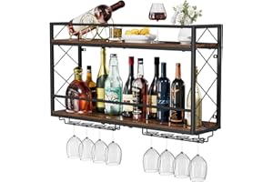 NEYCIL Weinregal, Wandhalterung, 2 Etagen, Wand-Weinregal mit Glashalter, Anti-Drop-Querstange, 80 cm, Metall-Weinhalter für Zuhause, Küche, Esszimmer, Bar, Schwarz