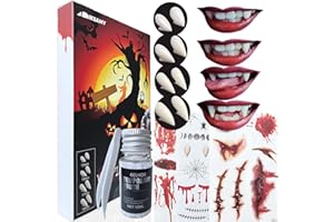 IKSAMY Dientes de Vampiro Adulto Niño - 4 Pares Dientes Vampiro, 3 Tatuajes de Halloween,1 Pegamento para Colmillos Vampiro, Dentadura Vampiro para Cosplay Decoracion Fiesta de Halloween