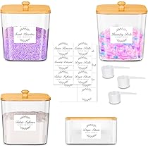 Ensemble 3+1 Boîtes à Lessive En Acrylique Avec Couvercles En Bambou - Avec Cuillères Et étiquettes - Rangement Buanderie Organisé