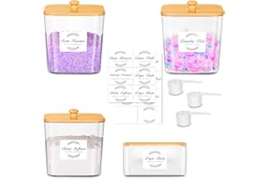 efluky 3+1 Boîtes à Lessive avec Couvercle en Bambou, Pelles et Étiquettes, Support pour Lessive, Support pour Lessive, Boîtes Transparentes pour Lessive, Poudre et Perles Parfumées