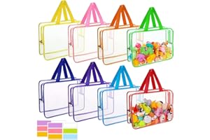saerryor 8 Pack Clear Toy Storage Bags with Handles, Zipper Toy Storage Bags with Name Tag, 11.8x8.6 Inch Reusable Waterproof Toy Bags, for Building Blocks, Puzzles
