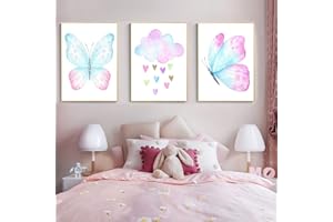 EXQULEG 3er Set Poster Kinderzimmer Bilder, Schmetterling Regenbogen,A4 Wandbilder Deko Kinderposter Für Junge Mädchen Babyzimmer Kinderbilder (AHE)