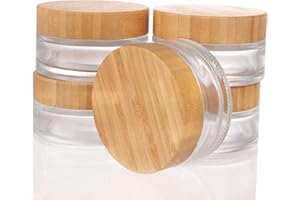 COSIDEA 5 tarros de vidrio transparente redondos vacíos de 3.3 onzas/100 g con tapas de bambú, tarro de crema de bambú, recipientes de viaje para cosméticos rellenables para bálsamo labial, ungüentos,