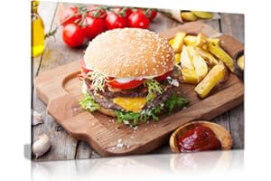 PANTHER PRINT Hamburer hamburguesa patatas fritas sobre mesa de madera restaurante comida lienzo arte cuadro impresión 24 x 16 pulgadas