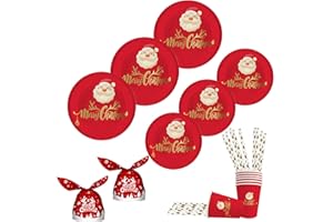 weihnachtsteller 60-teiliges, ASSUGO weihnachtsdeko teller set aus weihnachtstassen Pappteller Strohhalme weihnachtstüten, weihnachts tischdeko für Kinder, Garten Christmas Partygeschirr (10 psc)