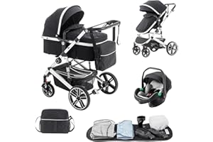 Lnhcrbs Cochecito Bebe 3 Piezas,el Chasis Del Cochecito Bebe es de Aluminio, la Cesta Para Dormir es de Tela 600D, Silla de Paseo es Plegable, la Cubierta Para la Lluvia, la Mosquitera,Negro