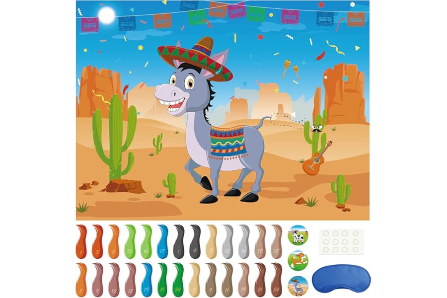 Morcheiong Pin The Tail on The Donkey Party Game with 48 Tails, Mexican Fiesta Birthday Party Favors Supplies Decorations for Kids