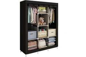 ACCSTORE Canvas Wardrobe Cupboard Clothes Storage Organiser With 2 Hanging Rail and 6 Shelves,Black