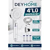 Deyhome 4'l&uuml; Duş Seti, Gri Filtreli Duş Başlığı, 150 cm &Ouml;rg&uuml;l&uuml; Hortum, Yapışkanlı Askı Aparatı ve 3 Yedek Filtre, Gri
