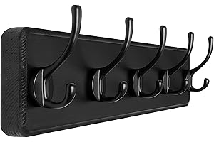 SKOLOO Farmhouse Style Wall Mounted Coat Rack, Pine Solid Wood Coat Hook Hanger - 5 Hooks for Hanging Clothes Robes Towels Coats