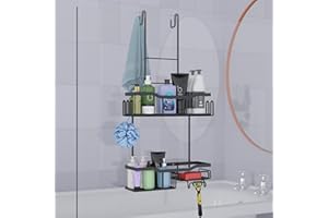 HURUC 2-Tier Hanging Shower Caddy – Rustproof Stainless Steel Over-the-Door Bathroom Organizer with Adjustable Rubber Hooks for Shampoo, Soap, Towels & Accessories