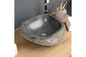 ‎WOHNFREUDEN 40 cm Naturstein-Waschbecken natur Flussstein grau Stein-Becken Aufsatzwaschbecken Findling