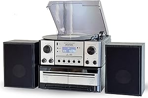 Steepletone BOSTON XP 5 in 1 Music Centre, Power Stereo Speakers Bluetooth Vinyl Record Player, Turntable with CD, Cassette, FM Radio and Aux in, USB MP3 playback & Encoding, Remote Control
