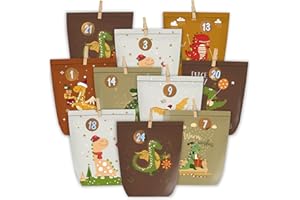 KOHMUI Adventskalender zum Befüllen, 24 DIY Adventstüten zum Selber Basteln, Dinosaurier Papiertüten zum Selbstbefüllen, Weihnachtskalender mit Zahlen Aufkleber