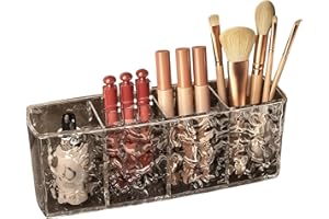Terafeels Makeup Brush Holder 4 Slot Clear Acrylic Cosmetic Organiser for Eyeliners Lipstick Crystal Storage Box for Bathroom Bedroom Dress Table Vanities Office Desk Grey 6702