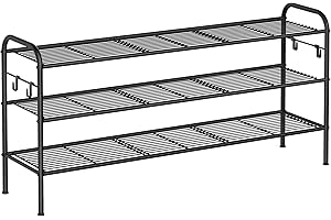 ‎SONGMICS SONGMICS 3-poziomowy stojak na buty, metalowy stojak na buty z 4 bocznymi haczykami, mieści 18 par butów, półka z regulacją wysokości, do przedpokoju, przedpokoju, łatwy montaż, czarny LMR131B01