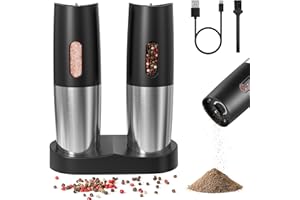 TNIBITION Electric Salt and Pepper Grinder Set with Charging Base, Gravity Induction Grinder, Adjustable Coarseness, Ceramic Abrasive Core with LED Light, Stainless Steel Material(Pack of 2)