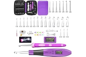 TRANSPLANT Juego de agujas ergonómicas de ganchillo 24 en 1 con luz LED y contador, cabezales intercambiables de metal y plástico 2-14 mm, agujas de hilo, marcadores y regla