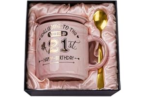 ALBISS 21st Birthday Gifts for Her Keepsake, 14oz Lovely Pink Marble Ceramic Cup Printed with Gold, Lid, Spoon, Greeting Card, Happy 21st Bday Mug Present for Daughter, Girl, Sister, Niece, Gift Boxed