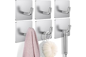Budding Joy Adhesive Hooks Heavy Duty Stick on Wall Door Cabinet Stainless Steel Towel Coat Clothes Hooks Self Adhesive Holders for Hanging Kitchen Bathroom Home 6 Pack