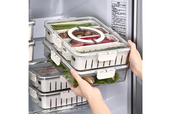 Vasukie Divided Fridge Storage Boxes With 4 Serving Veggie Tray with Lid and Handle, Fridge Organizer with Removable 4 Compartment, Fridge Storage Containers (4 Compartment-1PC)