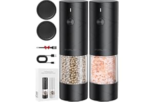 FORLIM Electric Salt and Pepper Mill, Set of 2, USB Rechargeable Pepper Mill with LED, with Adjustable Ceramic Grinder, Spice Mill, Lower Noise, 7 Levels of Thickness Adjustable (Black)