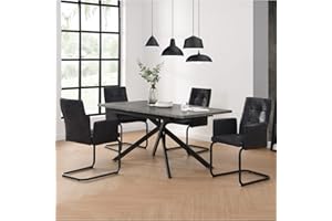 ‎B&D HOME B&D home Essgruppe 5-teilig, Esstisch mit 4 Stühlen, ausziehbar 120-160x80x77 cm, Tischplatte in Beton Optik, mit Kreuzgestell, Freischwinger Wildleder Optik schwarz, 11202-XS-BETO-S1